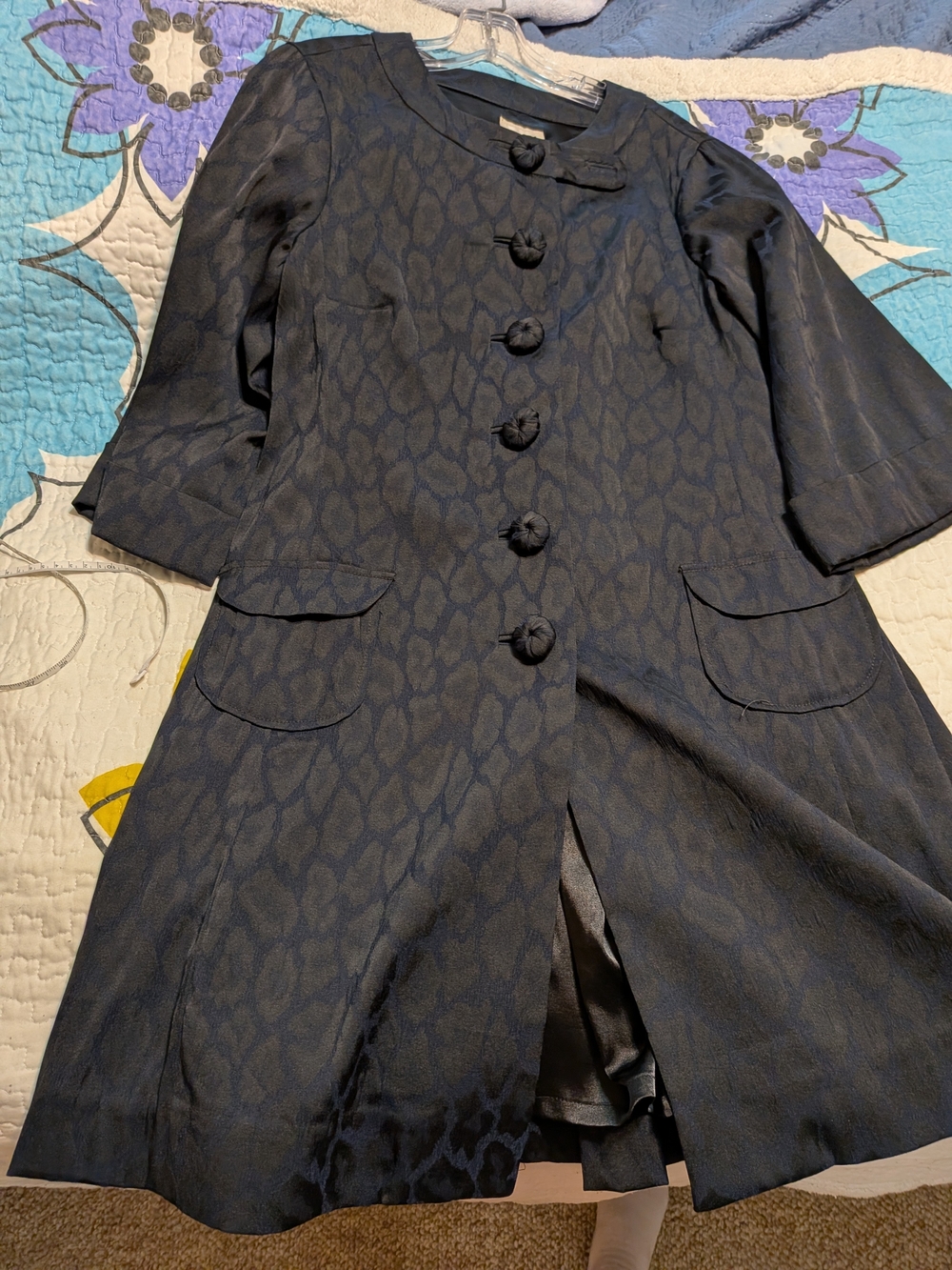 ECI Dark Navy Textured Trench Coat Dress with Knot Buttons